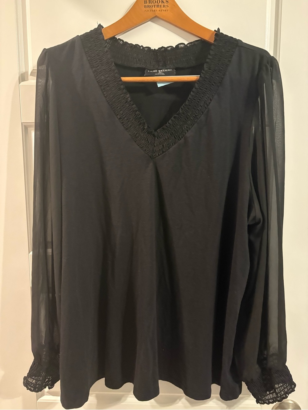 Lane Bryant Black Sheer Sleeve Smocked V Neck Blouse Plus Size 22/24